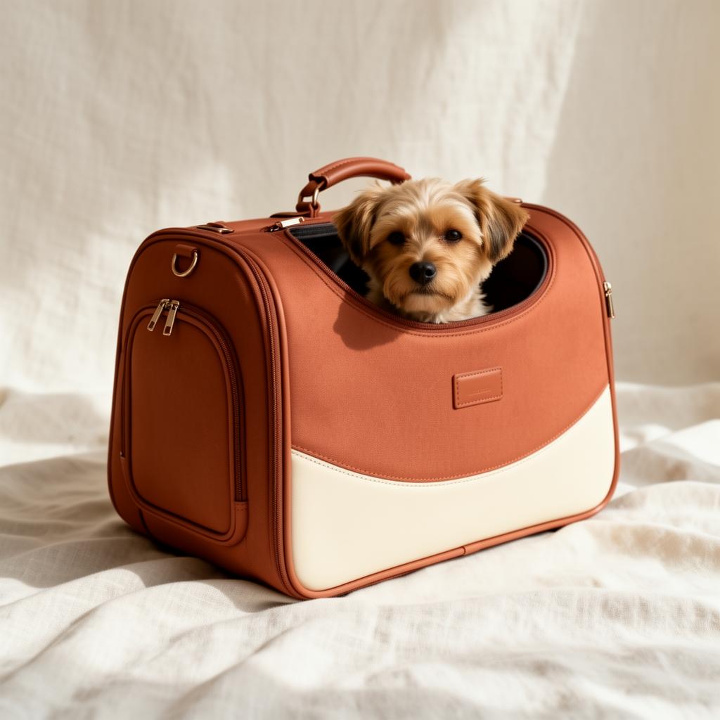 Premium soft-sided airline approved pet carrier in warm terracotta tones on a minimal linen background